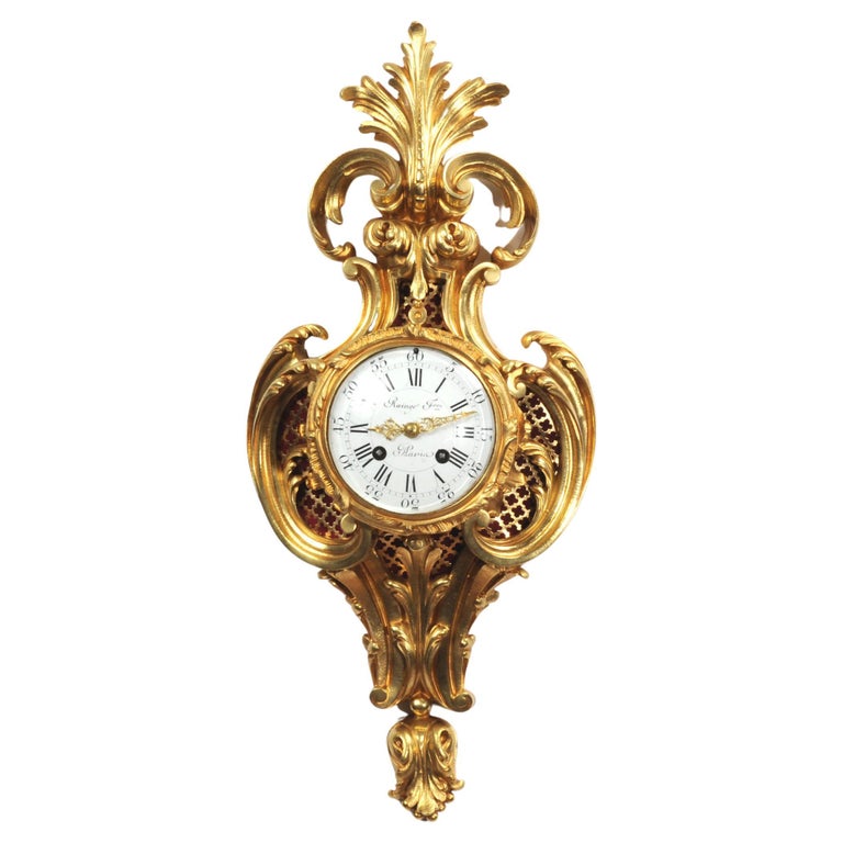 Raingo Freres Louis XV Rococo Antique French Gilt Bronze Cartel Wall Clock For Sale
