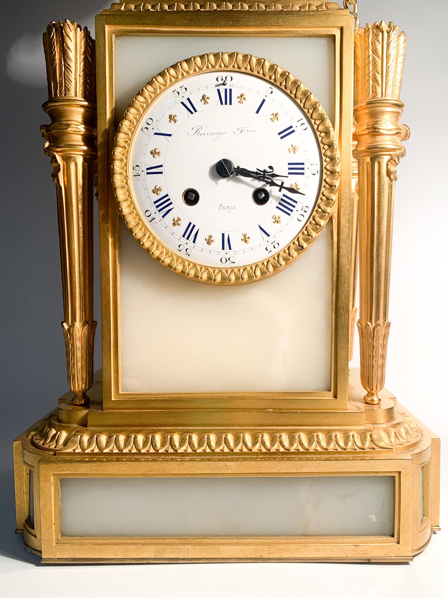 French Raingo Frères Louis XVI Style Table Clock in Alabaster & Gilded Bronze, 1800 For Sale