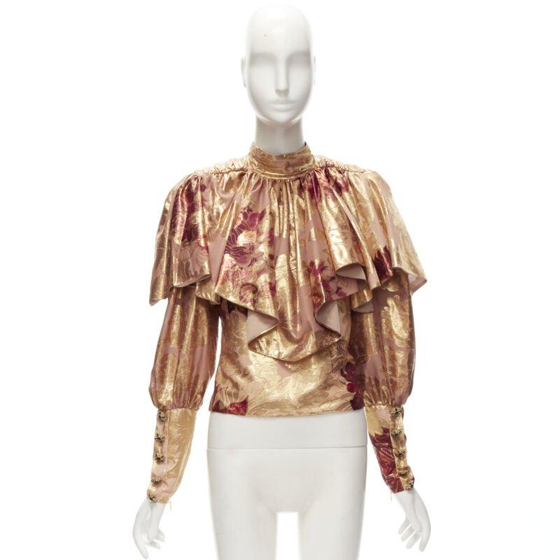 RAISA VANESSA rose gold foil jacquard rhinestone buttons Victorian top FR34 XS For Sale 5