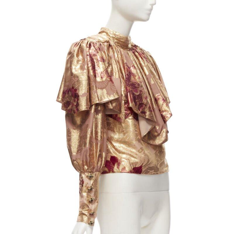 Gold RAISA VANESSA rose gold foil jacquard rhinestone buttons Victorian top FR34 XS For Sale