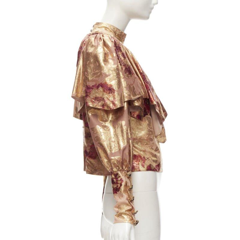 RAISA VANESSA rose gold foil jacquard rhinestone buttons Victorian top FR34 XS In Excellent Condition For Sale In Hong Kong, NT