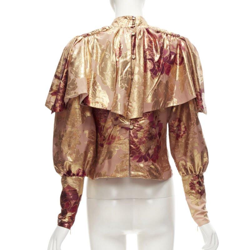 Women's RAISA VANESSA rose gold foil jacquard rhinestone buttons Victorian top FR34 XS For Sale