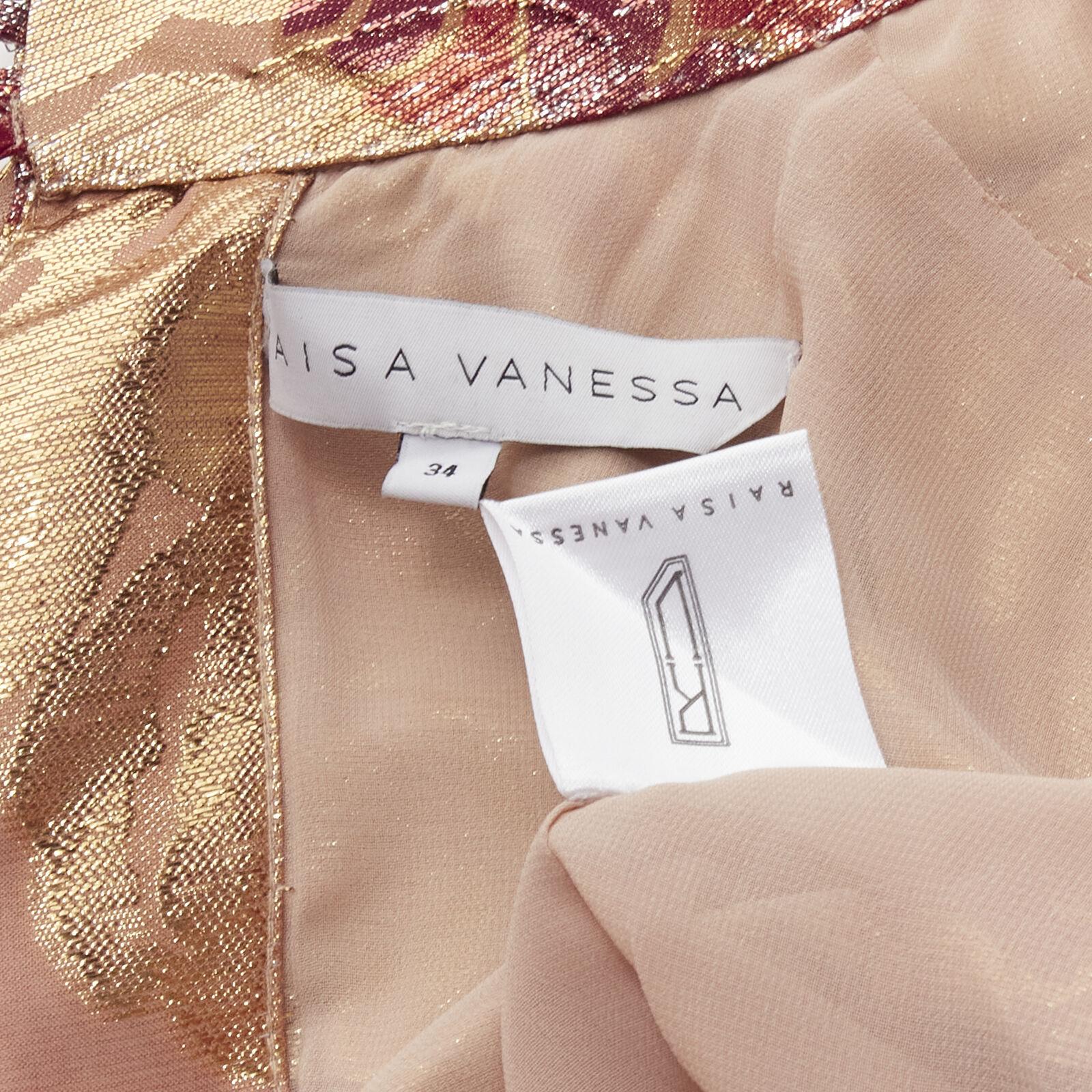 RAISA VANESSA rose gold foil jacquard rhinestone buttons Victorian top FR34 XS For Sale 4