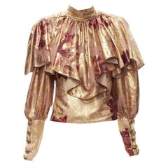 RAISA VANESSA rose gold foil jacquard rhinestone buttons Victorian top FR34 XS