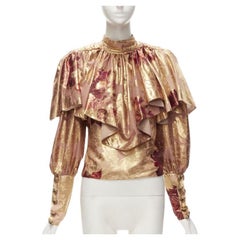 RAISA VANESSA rose gold foil jacquard rhinestone buttons Victorian top FR34 XS