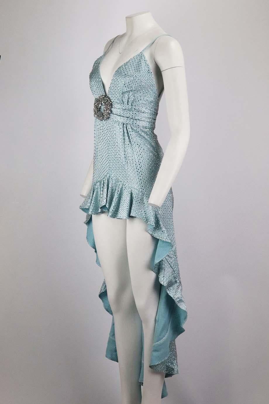 This dress by Raisa Vanessa slim through the body before falling to a short hem at the front with a long train at the back with ruffled detail, it is covered in crystal throughout. Blue satin. Zip fastening at back. 100% Polyester; lining: 100%