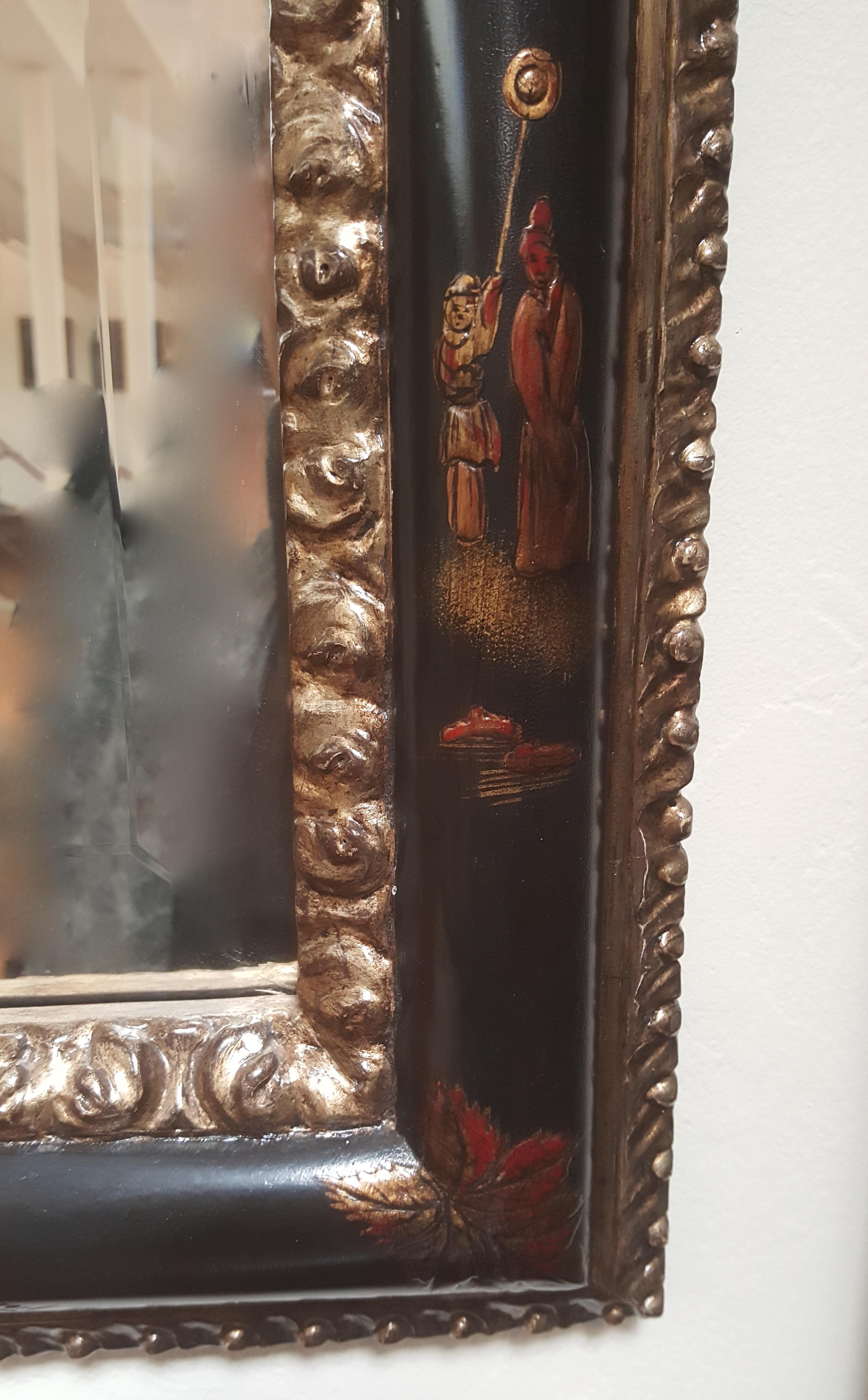 American Raised Chinoiserie Mirror with Carved and Beveled Section Mirror For Sale