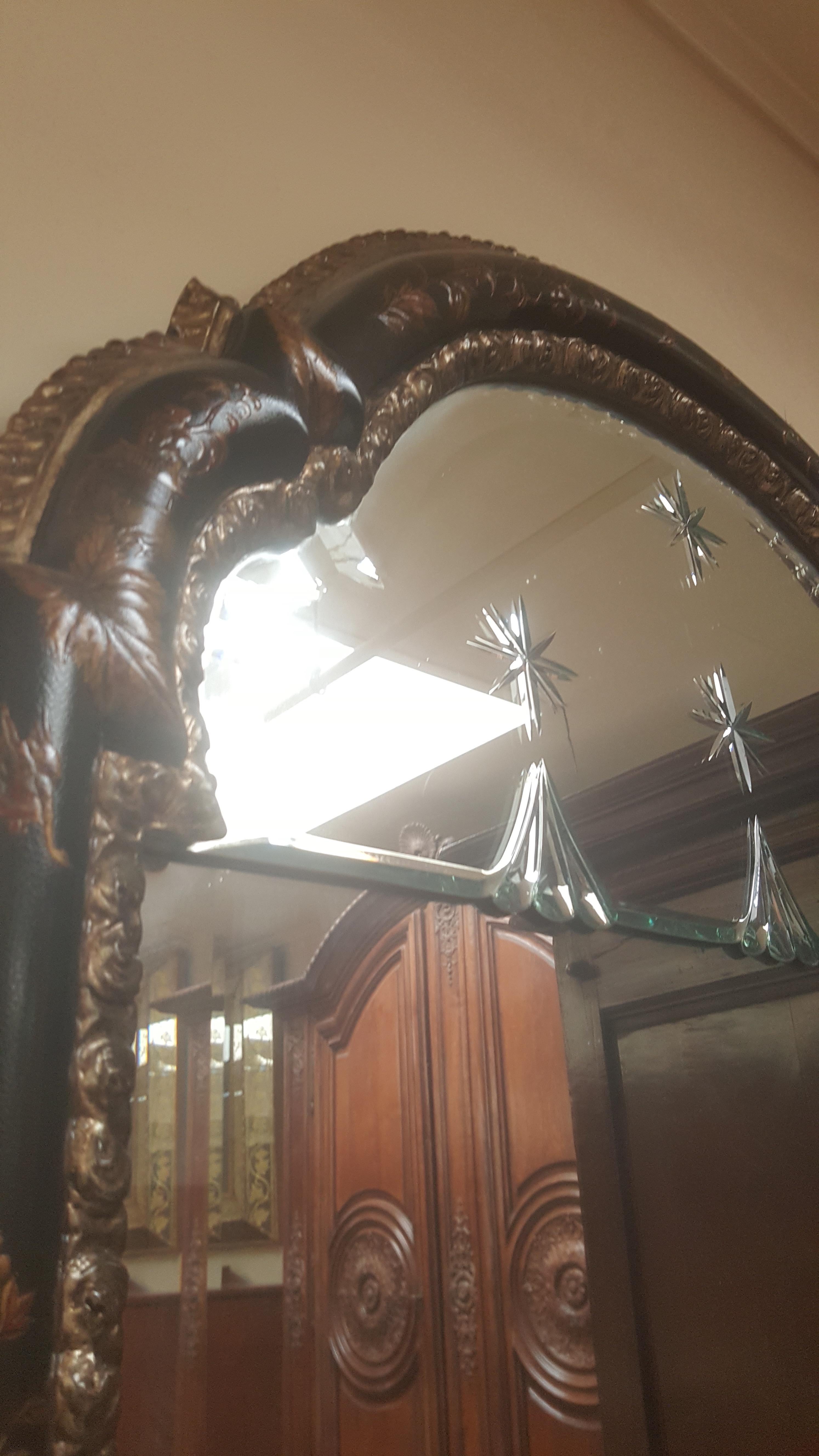 Silvered Raised Chinoiserie Mirror with Carved and Beveled Section Mirror For Sale