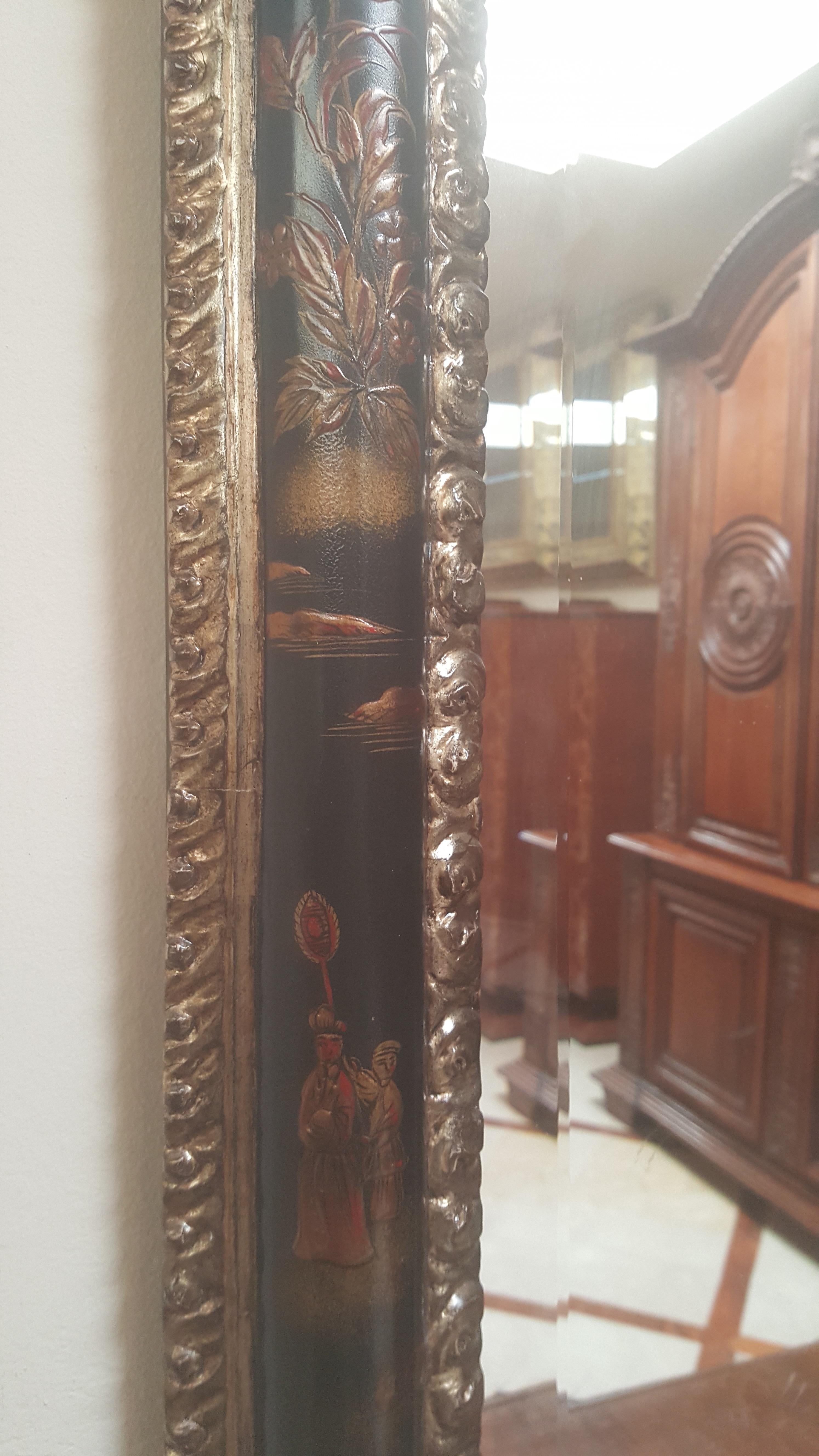 Raised Chinoiserie Mirror with Carved and Beveled Section Mirror In Excellent Condition For Sale In San Francisco, CA