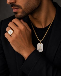 Raised Diamond Custom Initial Signet Ring White Enamel 14K Gold by Meghna Jewels