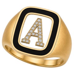 Raised Diamond Custom Initial Signet Ring White Enamel 14K Gold by Meghna Jewels
