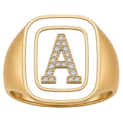 Raised Diamond Custom Initial Signet Ring White Enamel 14K Gold by Meghna Jewels