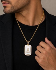 Raised Diamond Initial Dog Tag Pendant White Enamel 14K Gold by Meghna Jewels