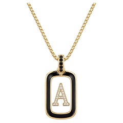 Raised Diamond Initial Dog Tag Pendant White Enamel 14K Gold by Meghna Jewels