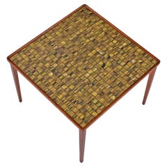 Raised Edge Danish Modern Teak Ceramic Mosaic Tile Cocktail Table