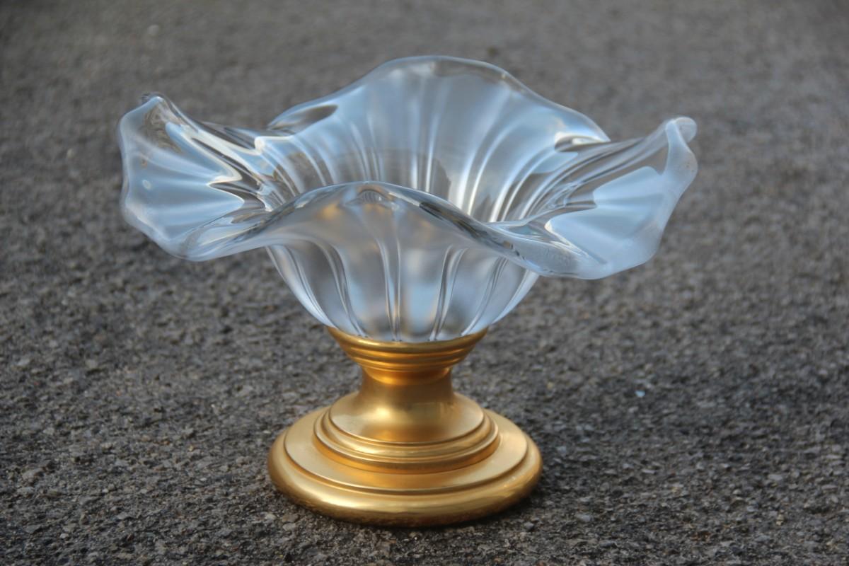 Mid-Century Modern Raised or Bowl with Brass Foot Scalloped Often Glass Gold Brass 24-Karat Italian For Sale