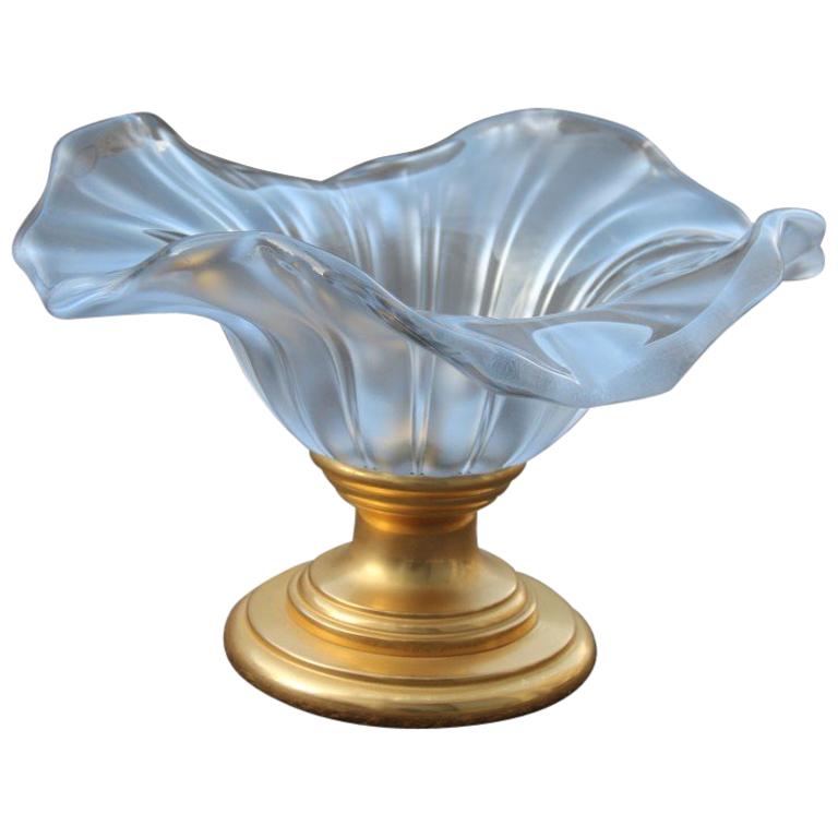 Raised or Bowl with Brass Foot Scalloped Often Glass Gold Brass 24-Karat Italian For Sale