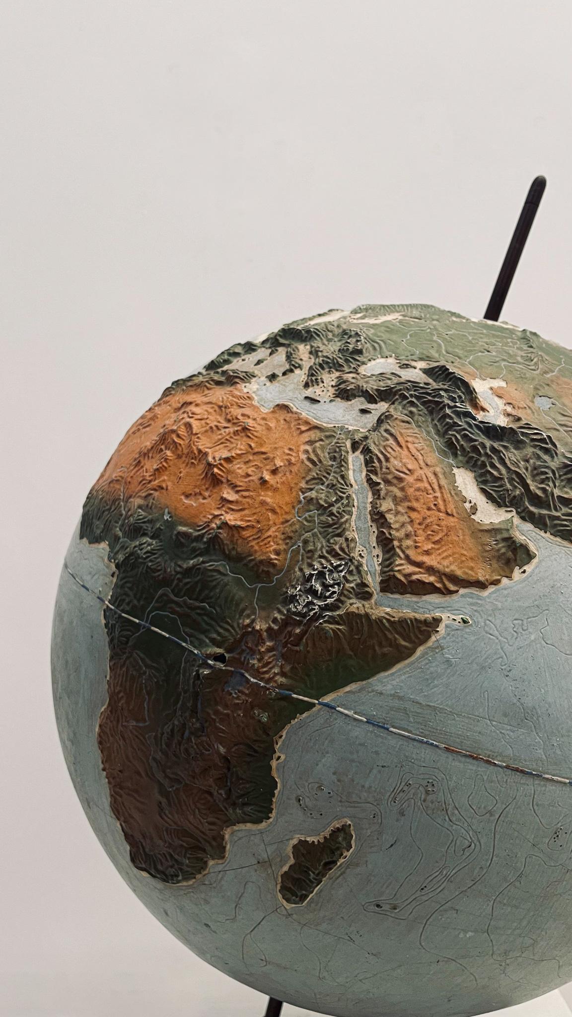 Brass Raised polychrome decoration Earth globe attributed to Jacques Adnet For Sale