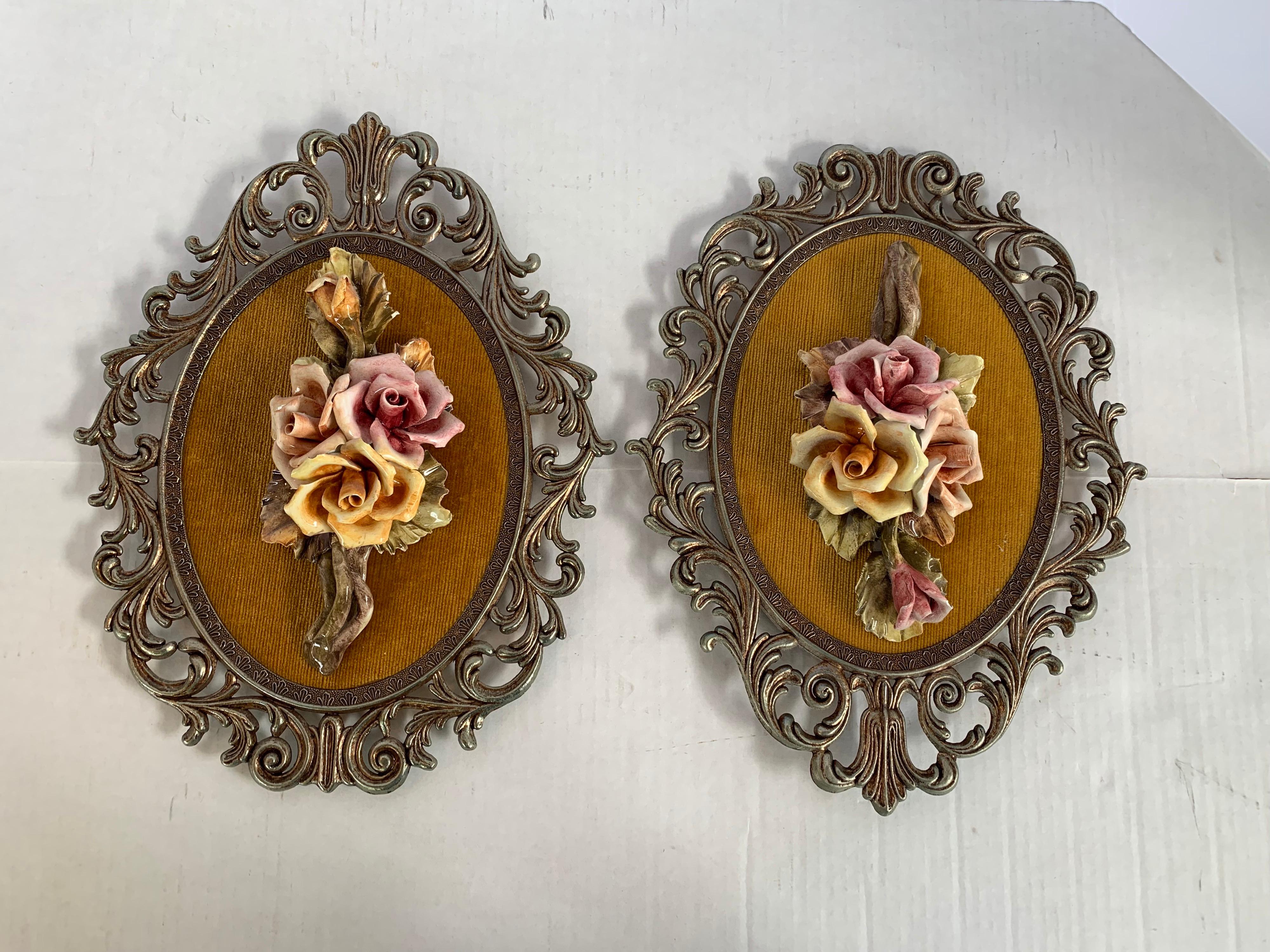Italian Raised Porcelain Medallions in Frames, a Pair Made in Italy