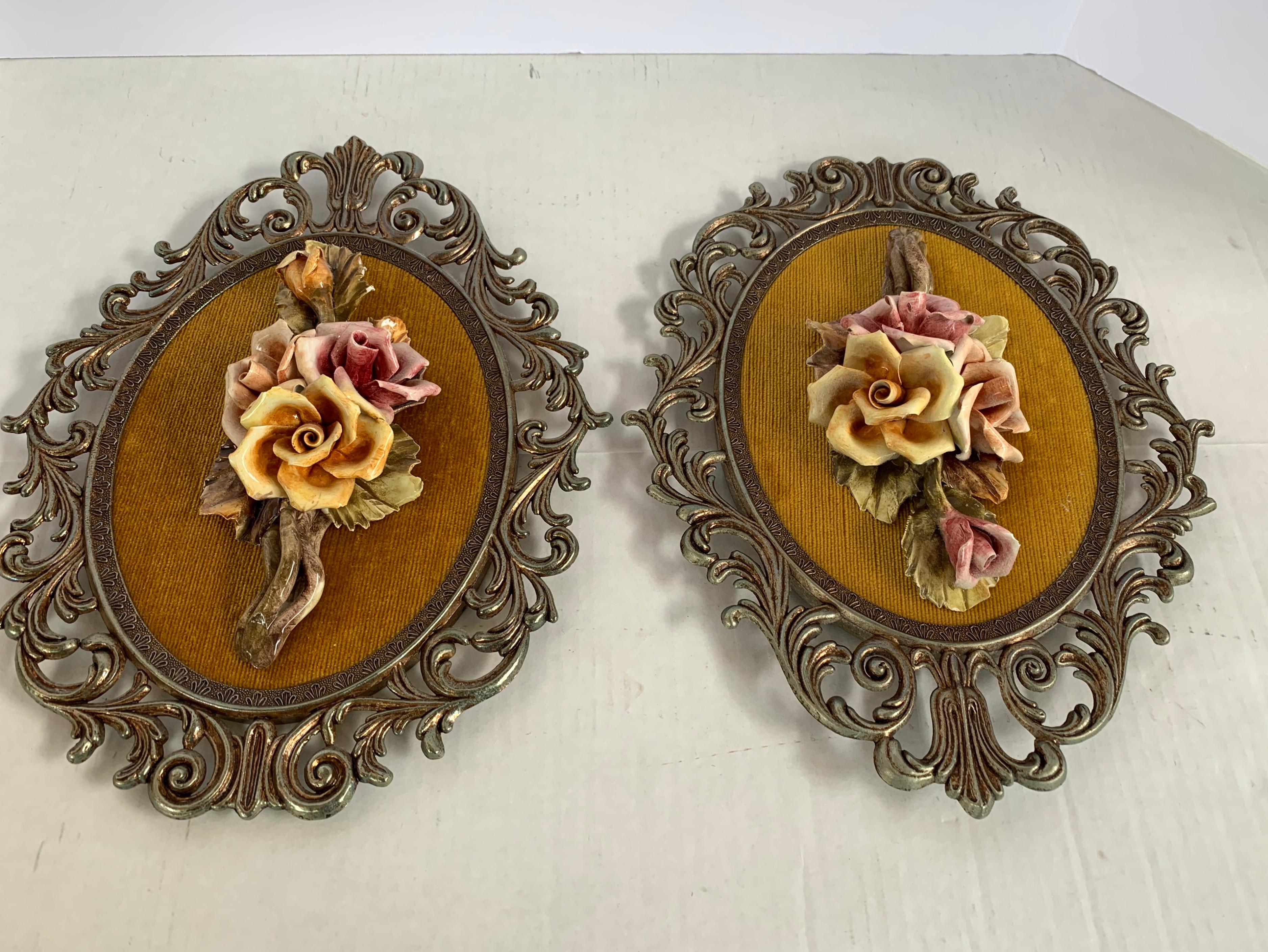 Raised Porcelain Medallions in Frames, a Pair Made in Italy In Good Condition In West Hartford, CT