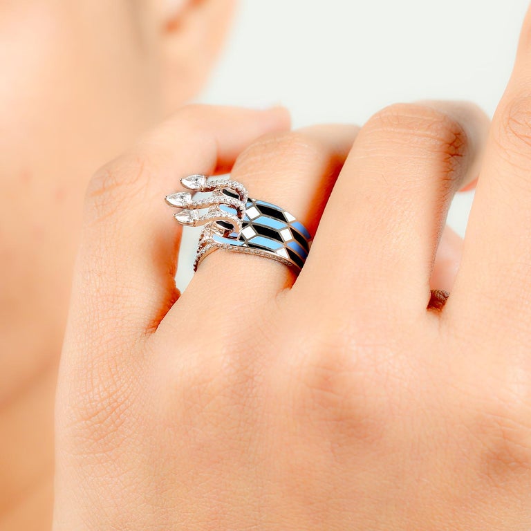 Raised Triple Rose Cut Pear Shape Diamond Ring with Ceramic Inlay ...