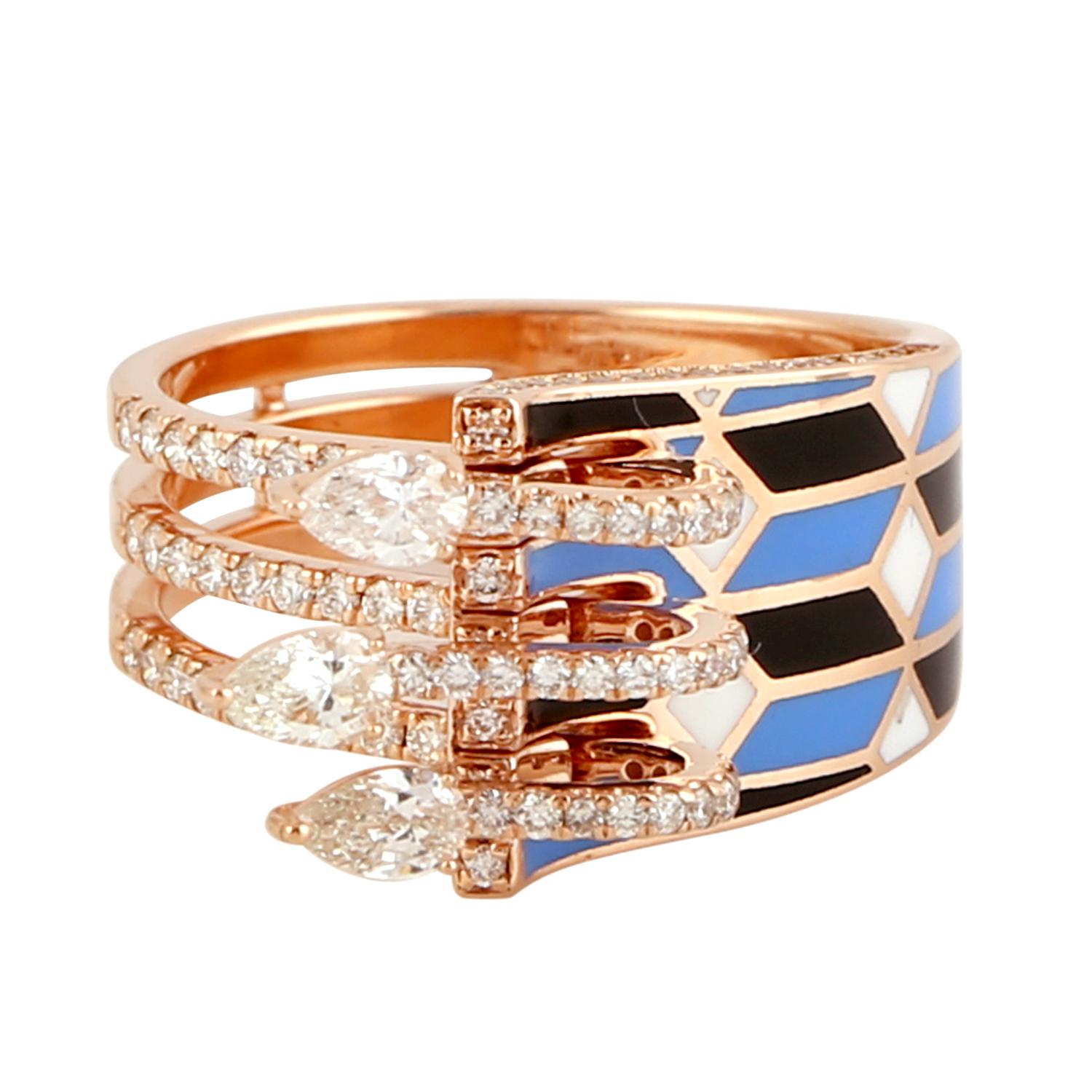 Diamantring in Birnenform mit dreifachem Rosenschliff und Keramik-Intarsienmuster (Gemischter Schliff) im Angebot