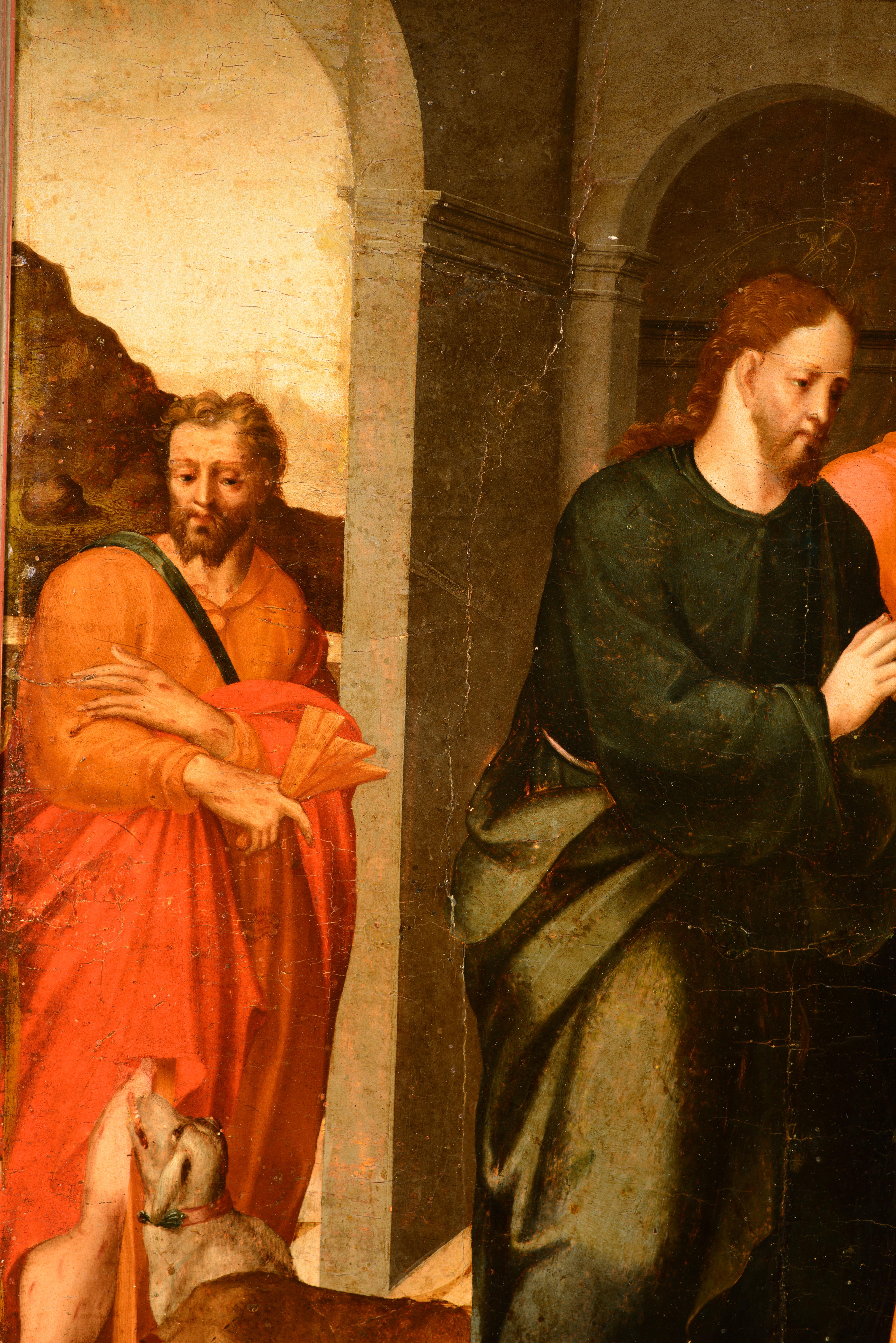 Rinascimento Sollevamento di Lazarus con San Rocco e due donatori. Olio su pannello. XVI secolo in vendita