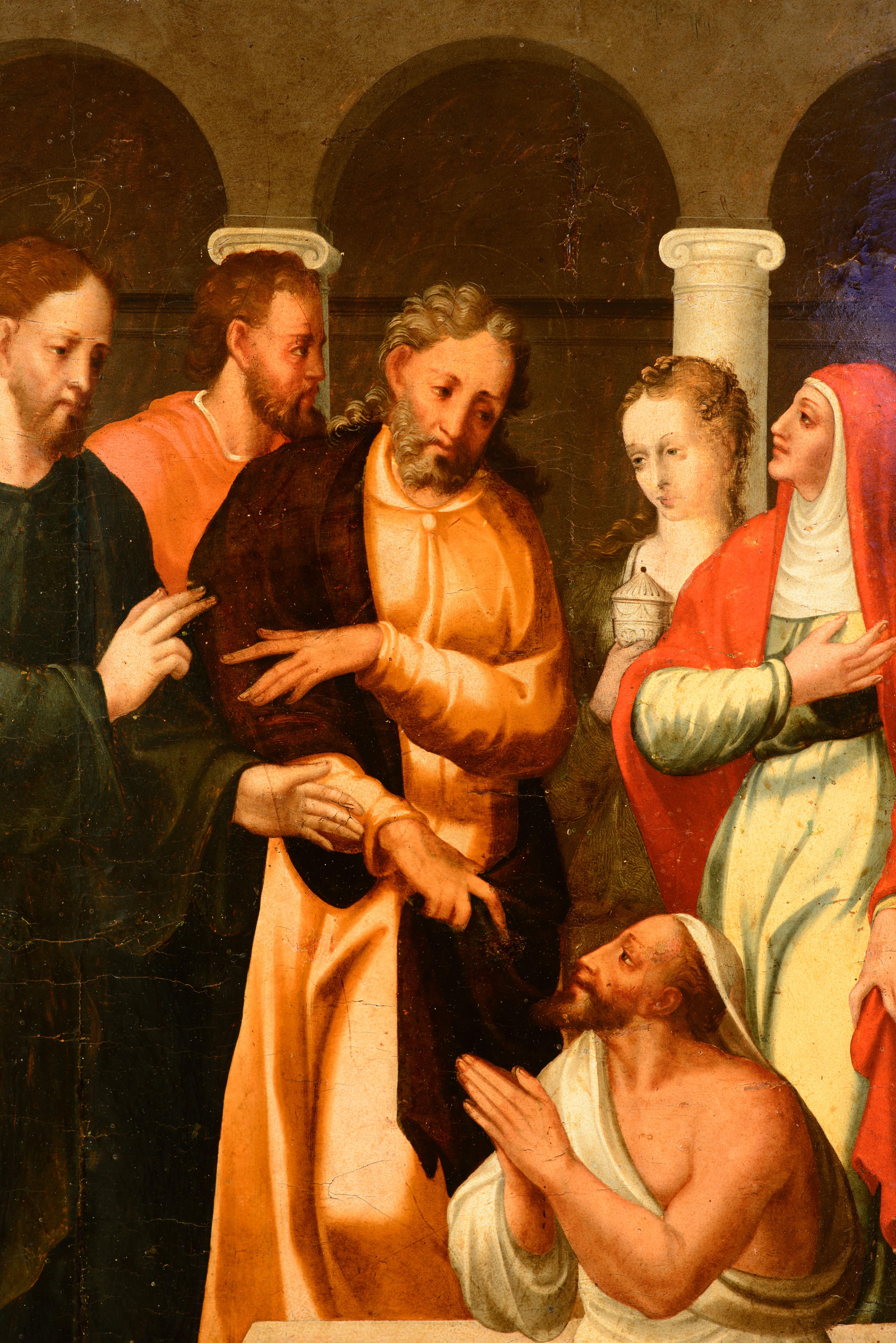 Spagnolo Sollevamento di Lazarus con San Rocco e due donatori. Olio su pannello. XVI secolo in vendita