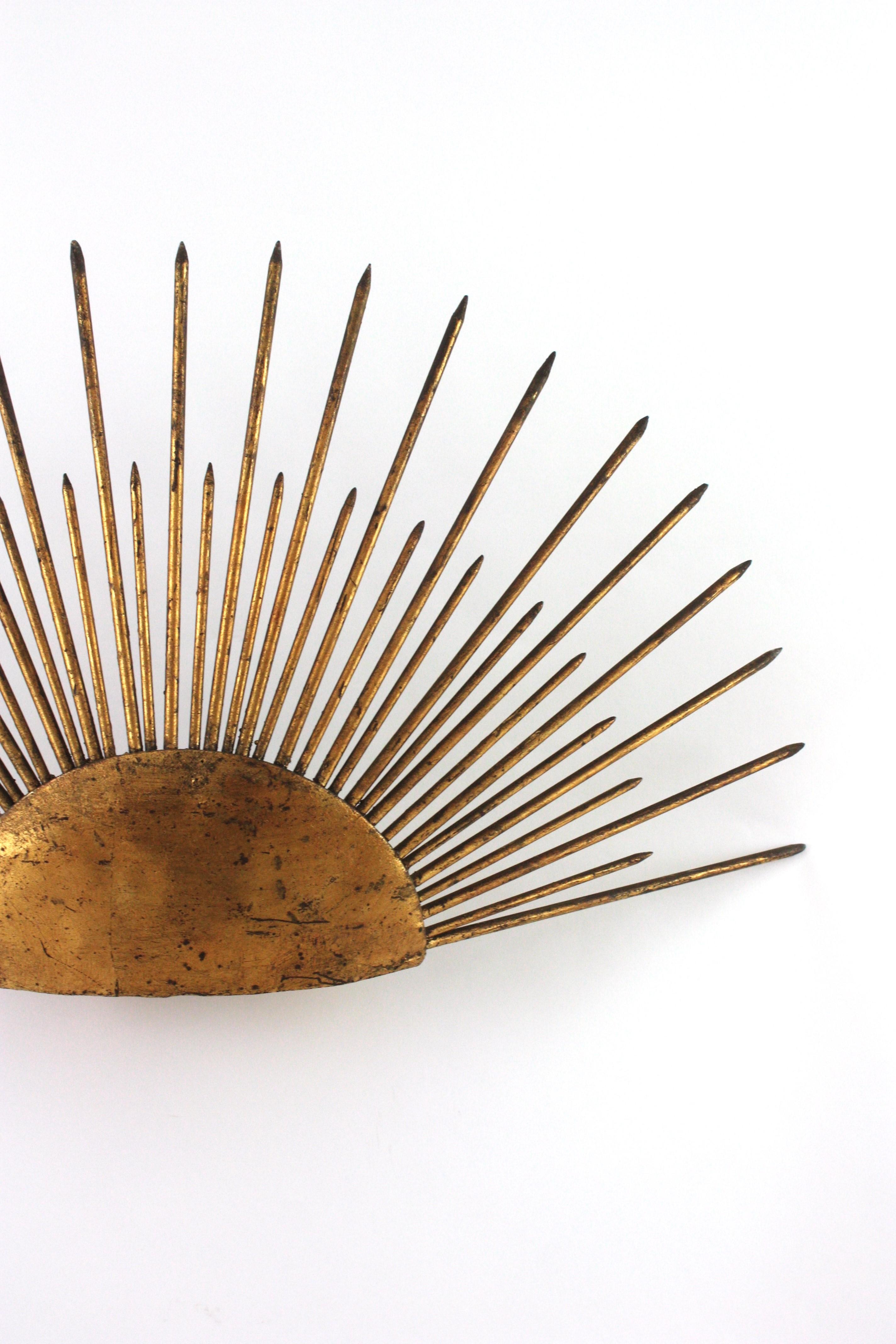 20th Century Raising Sun Sunburst Wall Light in Gilt Wrought Iron, France 1940s For Sale