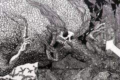 "Cocaine Hurricane", Skeleton Motif, Fictional Cityscape, Linocut