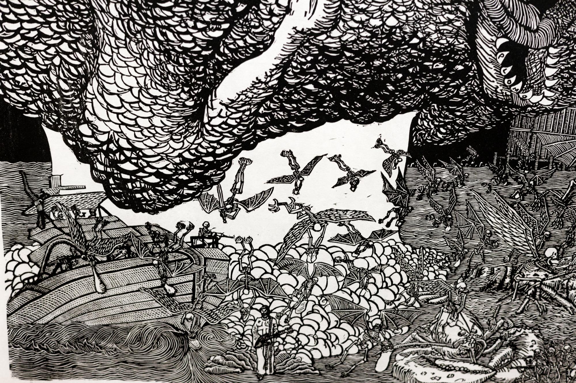 „Cocaine Hurricane“, Skelettmotiv, Fictional Cityscape, Linocut (Zeitgenössisch), Print, von Raj Bunnag