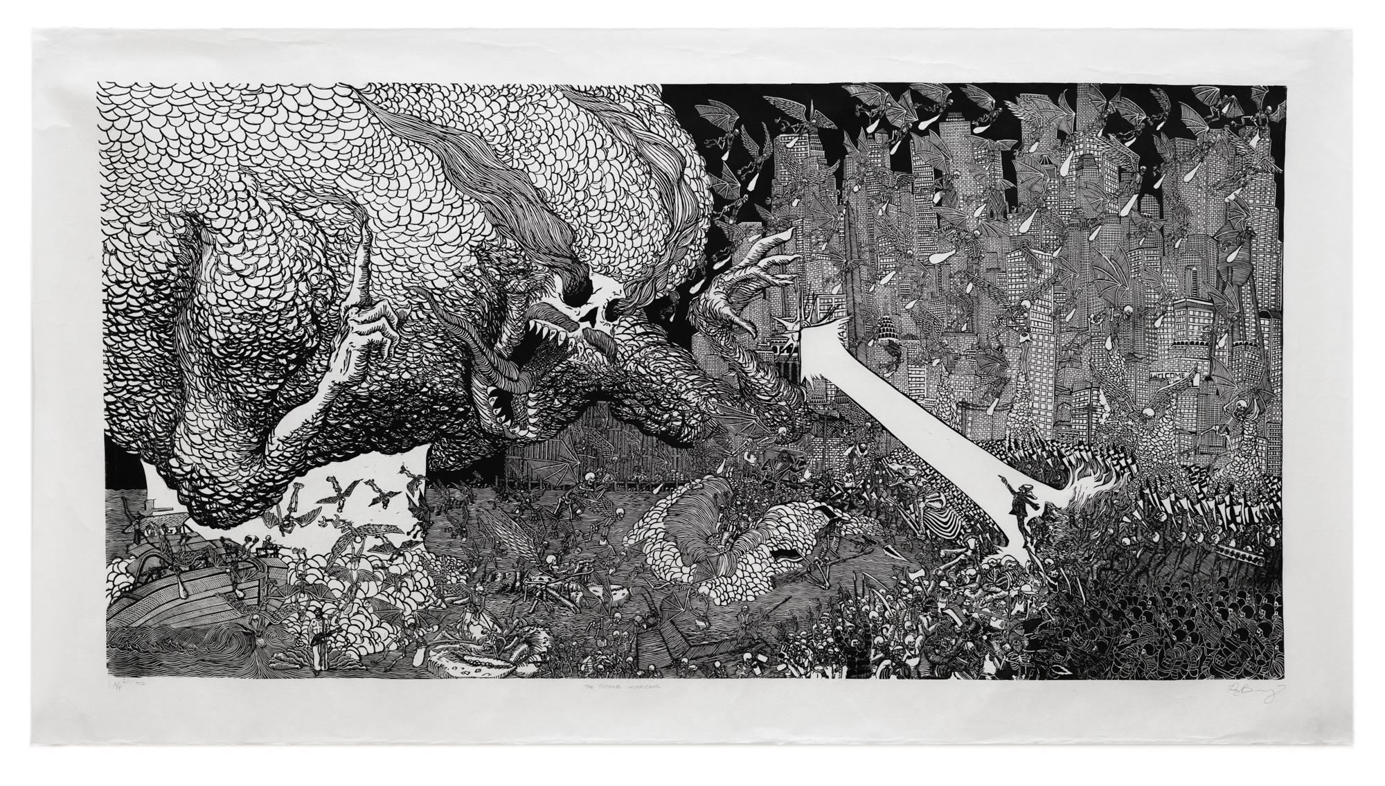 Raj Bunnag Figurative Print – „Cocaine Hurricane“, Skelettmotiv, Fictional Cityscape, Linocut