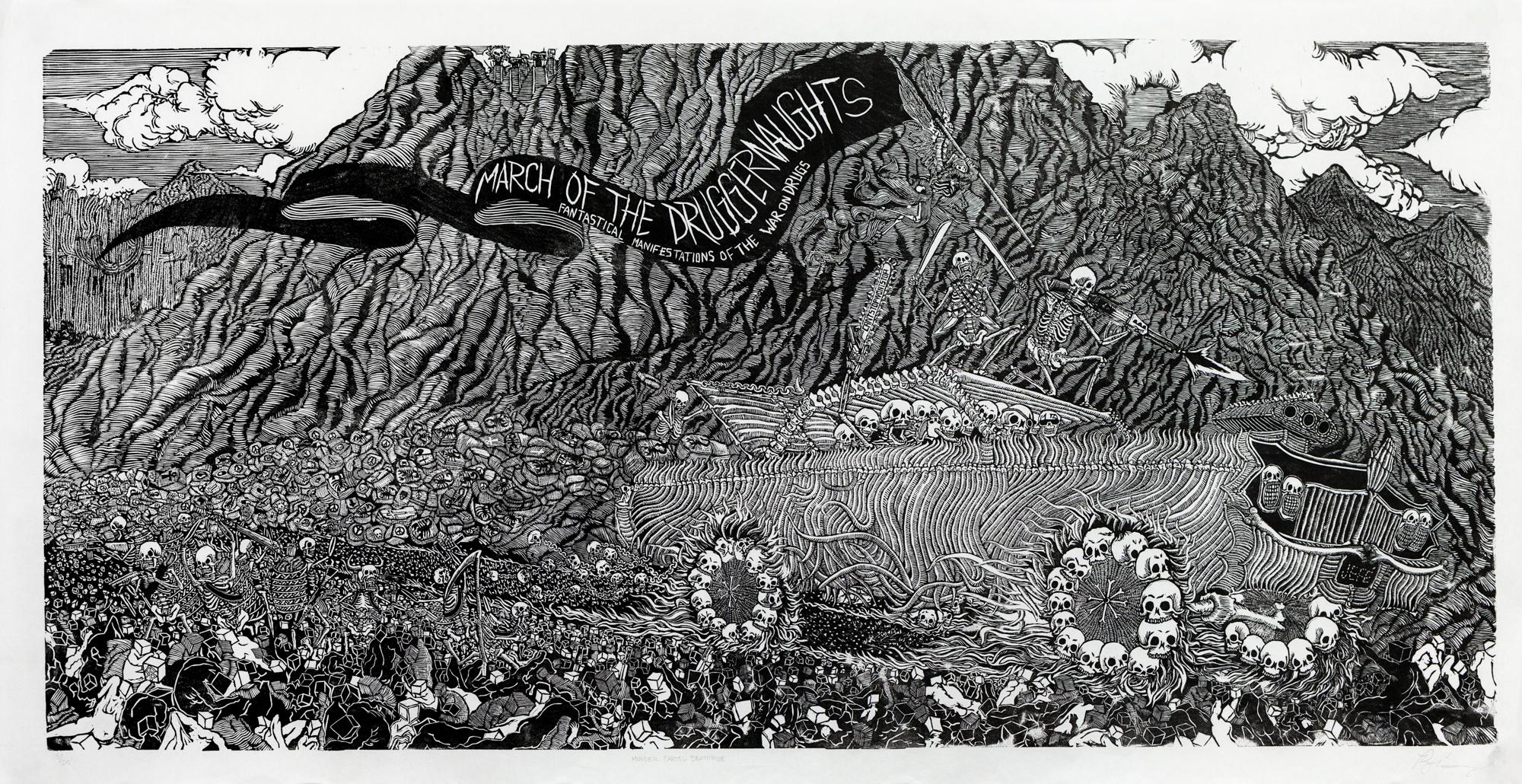 Raj Bunnag Landscape Print - "Murder Cartel Deathride", Skeleton Motif, Fictional Landscape, Linocut