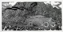 "Murder Cartel Deathride", Skeleton Motif, Fictional Landscape, Linocut