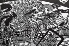 "MWI", Skeleton Motif, Fictional Landscape, Political Commentary, Linocut
