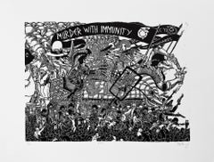 « Première Guerre mondiale », motif squelette, paysage figuratif, commentaire politique, Linocut