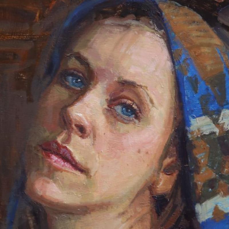 Blue Scarf, , Oil Painting, American Impressionistic Style, Traveling Painter - Black Portrait Painting by Raj Chaudhuri