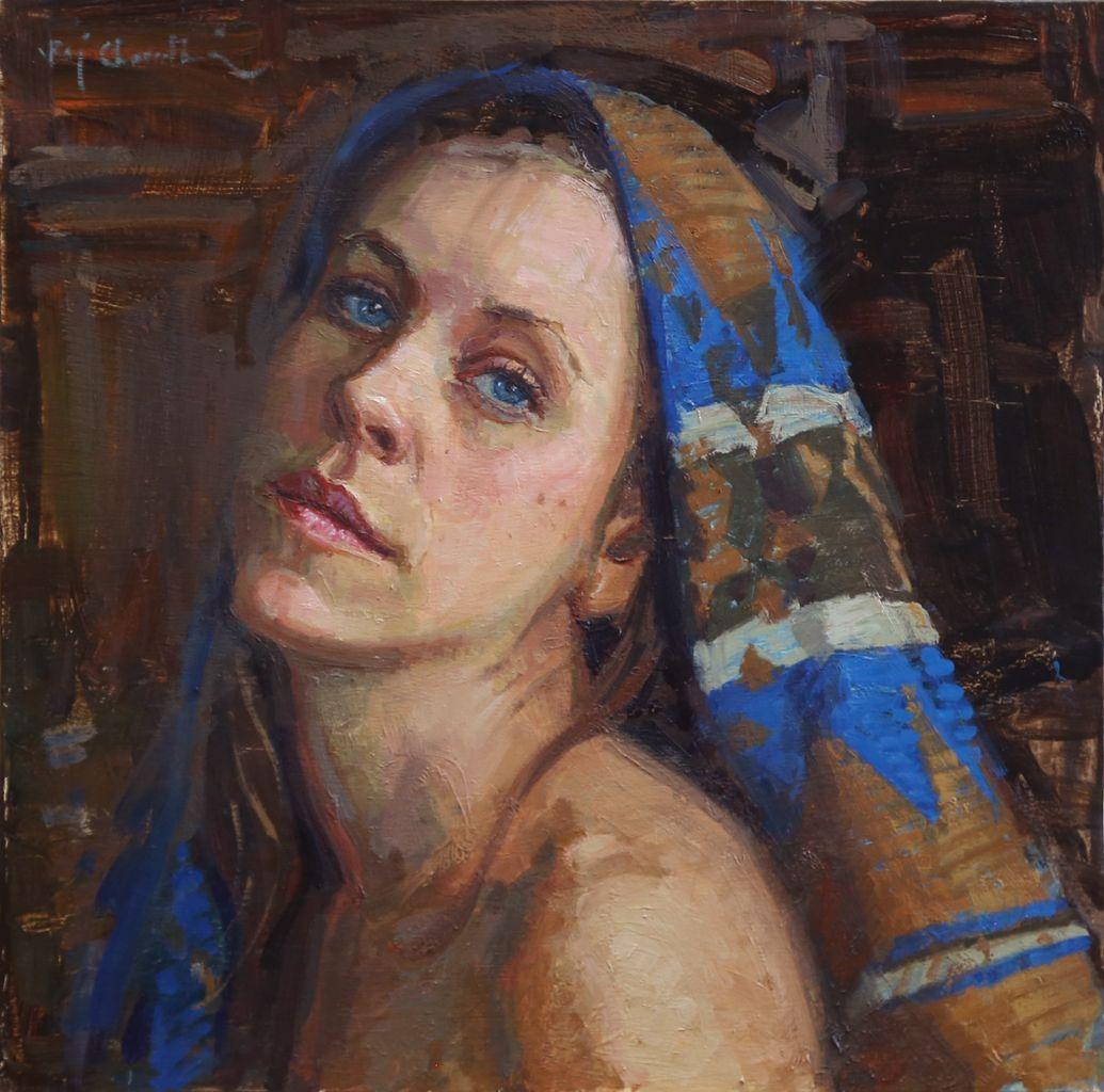 Raj Chaudhuri Portrait Painting - Blue Scarf, , Oil Painting, American Impressionistic Style, Traveling Painter