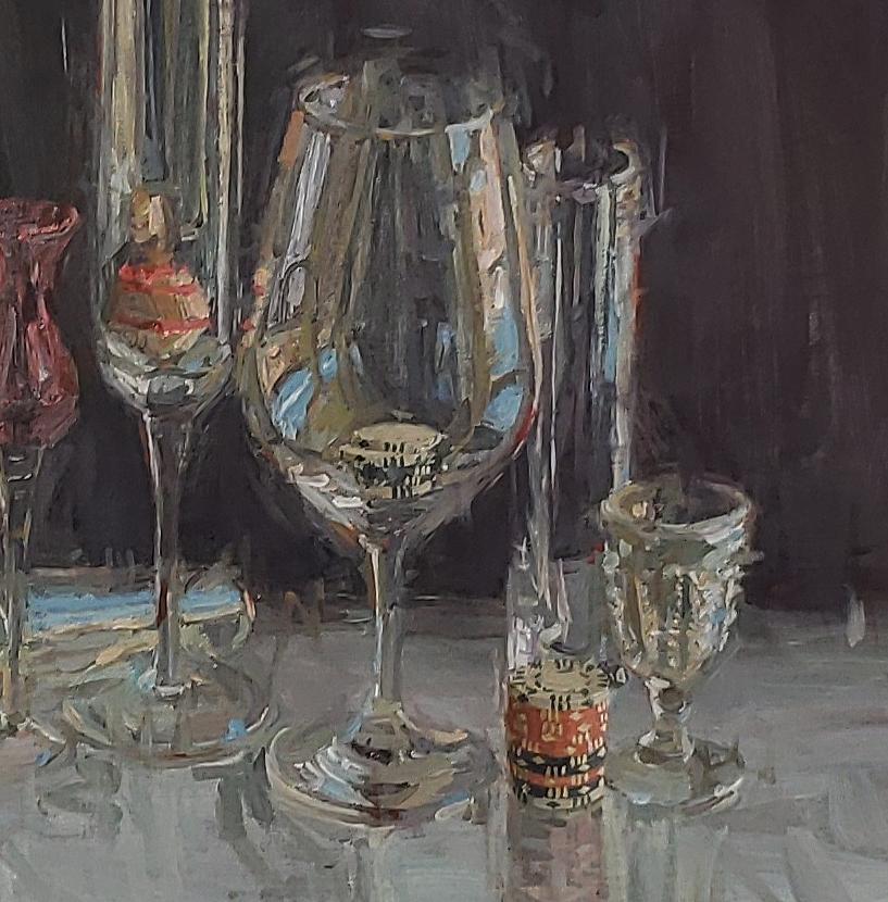 Celebration Party Oil American Impressionistic Style Traveling Painter, Chess - Painting by Raj Chaudhuri