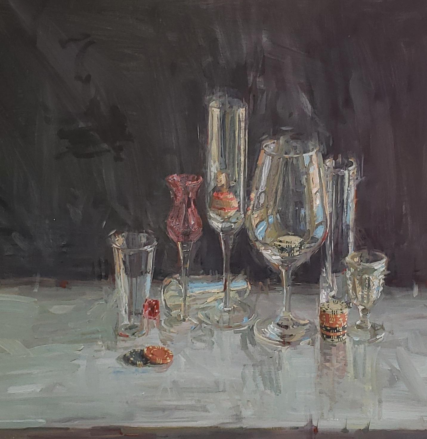 Celebration Party Oil American Impressionistic Style Traveling Painter, Chess - Black Still-Life Painting by Raj Chaudhuri