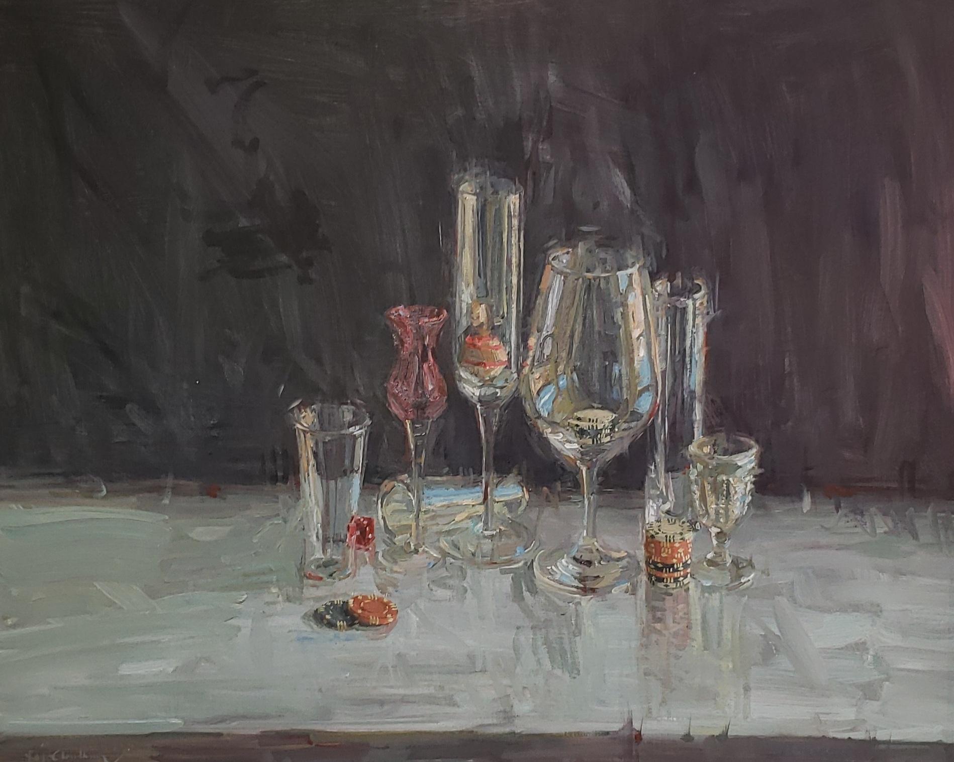 Party Glasses  displays the American Impressionistic Style . The artist describes himself as one of the New Orientalists a traveling painter in the modern world.  The framed size is 28 x 32. Also shown are other available paintings by Raj Chadhuri.