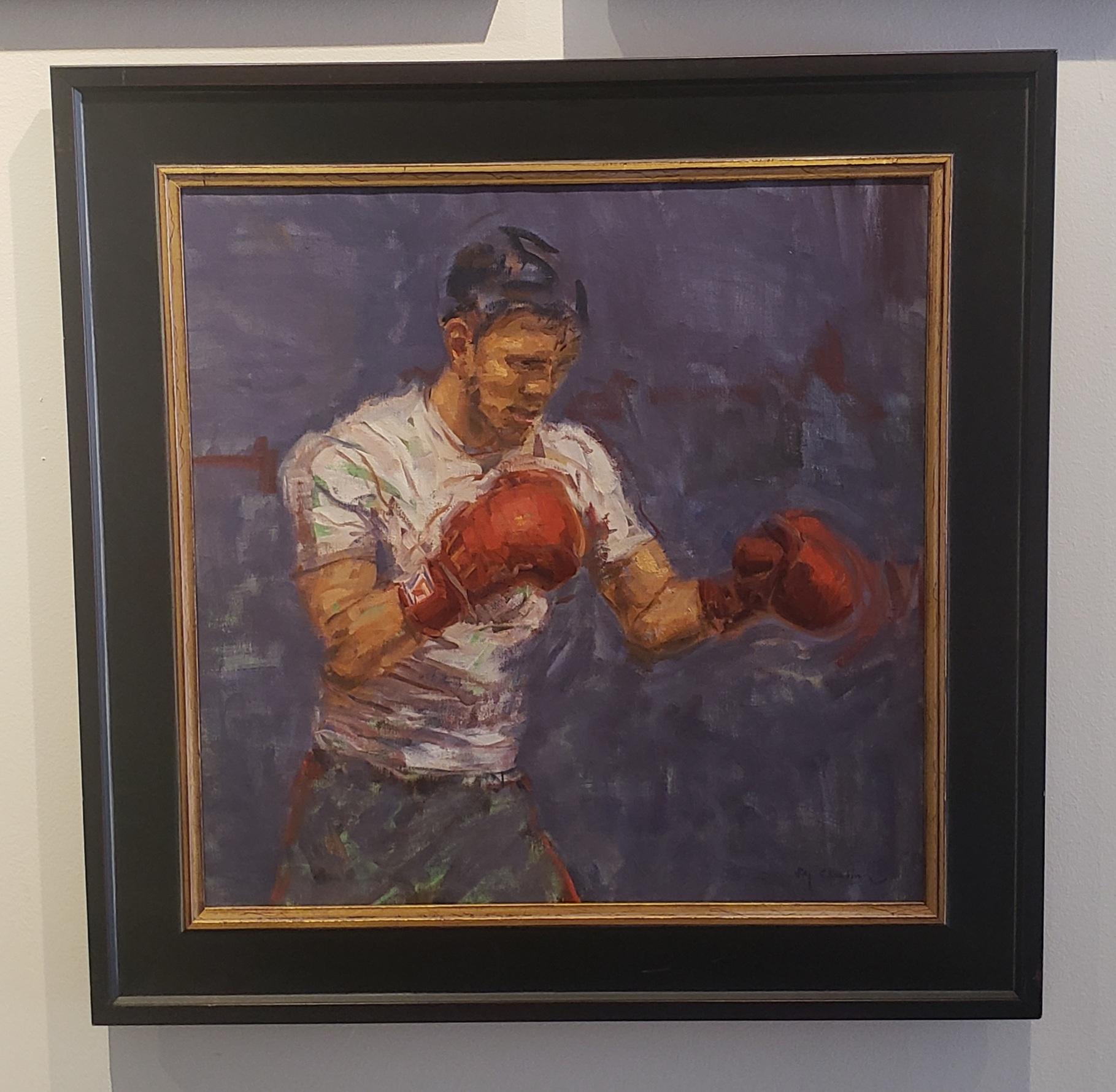 Fighter in Red, oil painting, American Impressionistic, Pro-Boxer , Boxing  - Painting by Raj Chaudhuri