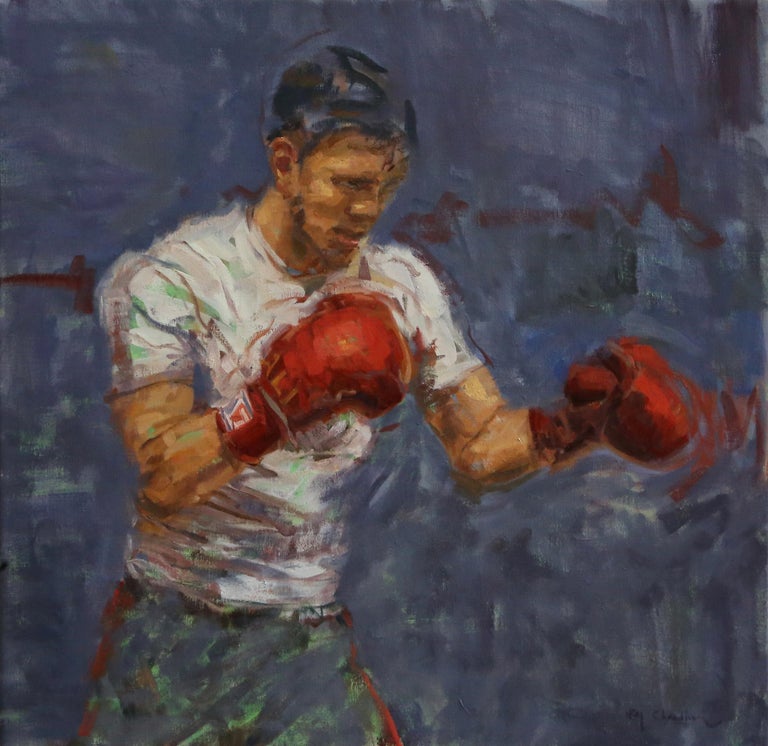 Raj Chaudhuri - Fighter in Red, oil painting, American Impressionistic, Pro- Boxer ,Boxing For Sale at 1stDibs
