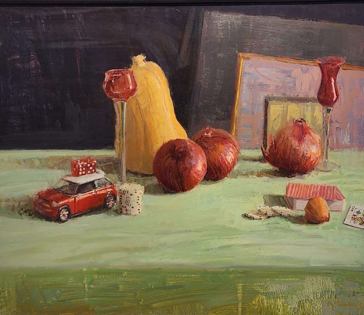 Fourtenn Objects Oil on Panel, American Impressionistic Style Traveling Paint - Painting by Raj Chaudhuri