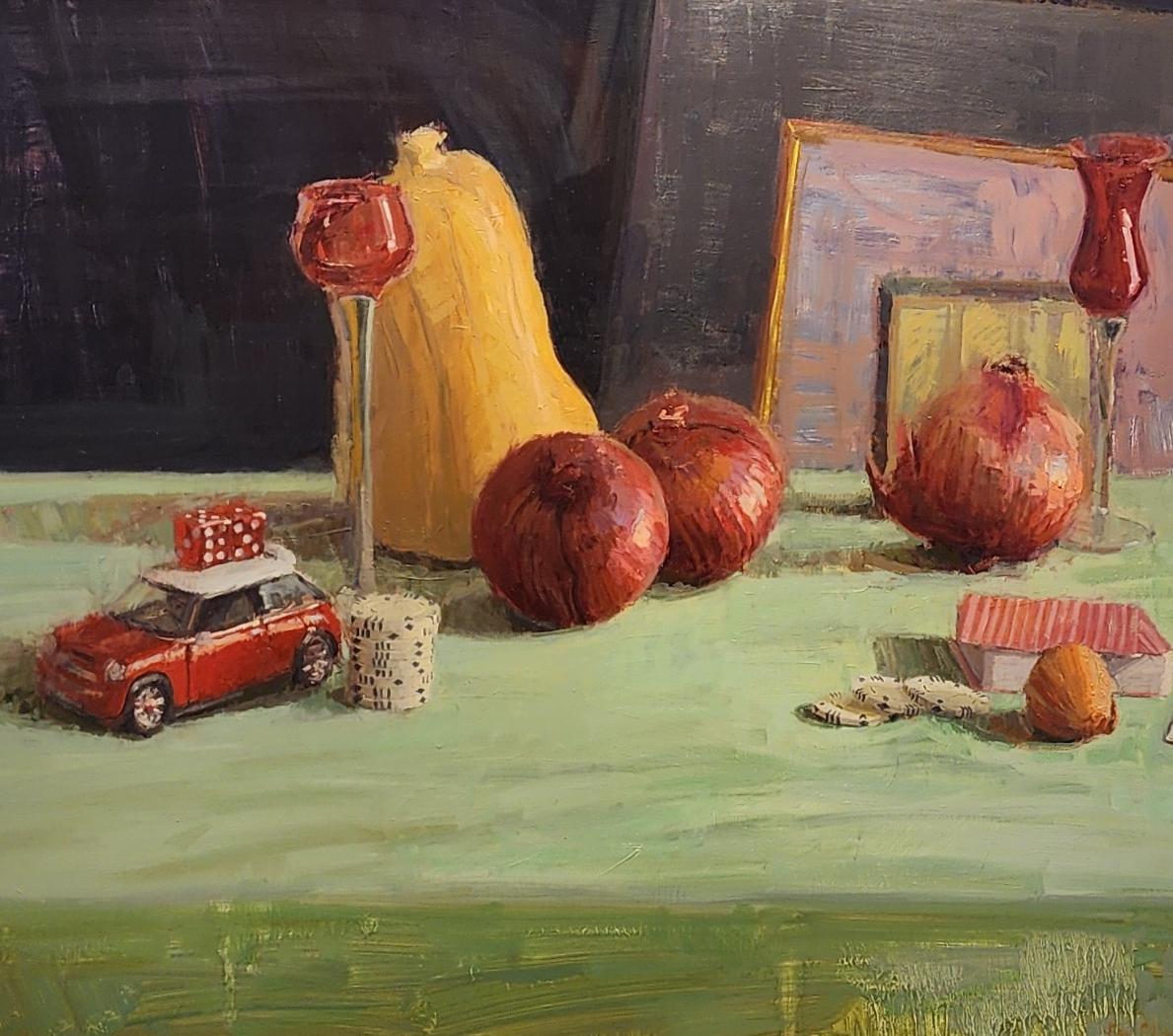 Fourtenn Objects Oil on Panel, American Impressionistic Style Traveling Paint - Brown Still-Life Painting by Raj Chaudhuri