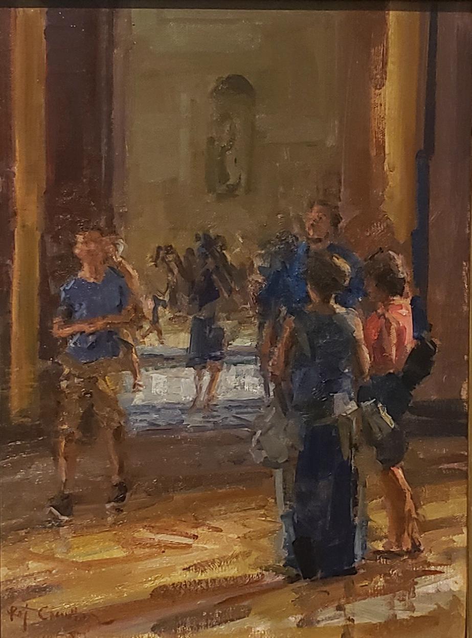 In the Louvre, oil painting, in the American Impressionistic Style. - Painting by Raj Chaudhuri