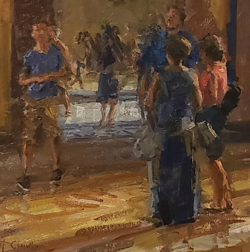 Im Louvre, Ölgemälde, im amerikanischen impressionistischen Stil. (Schwarz), Interior Painting, von Raj Chaudhuri
