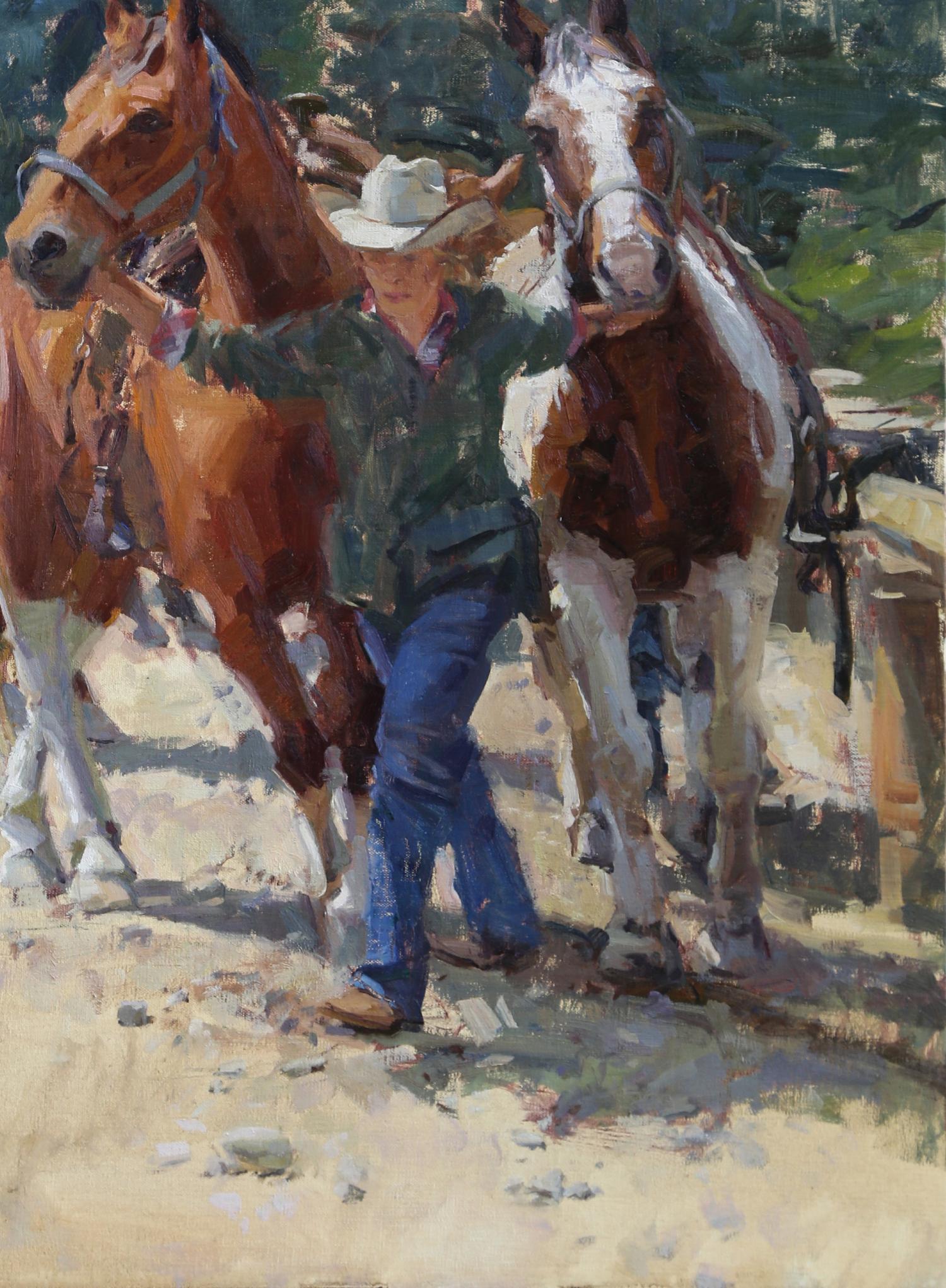 Lead Wrangler, Oil on Linen, American Impressionistic Style, Western, Southwest - Painting by Raj Chaudhuri