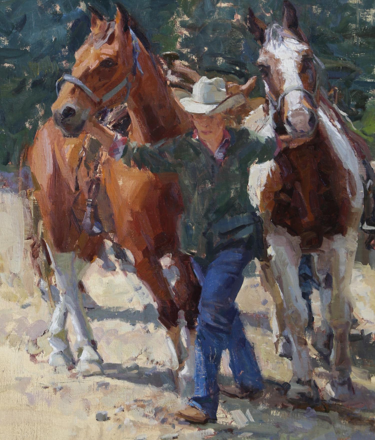 Lead Wrangler, Oil on Linen, American Impressionistic Style, Western, Southwest - Black Animal Painting by Raj Chaudhuri