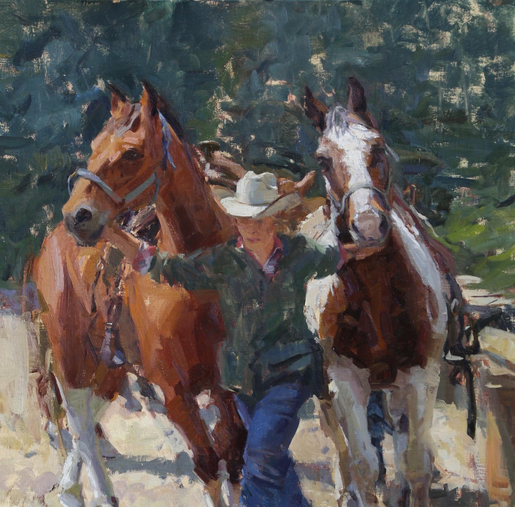 Lead Handler displays the American Impressionistic Style . Raj  Chaudhuri  describes himself as one of the New Orientalists a traveling painter in the modern world. Lead Handler by Raj Chadhuri is oil on linen and is framed. It was painted in the